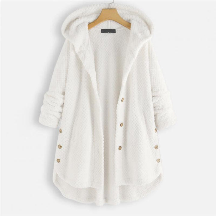 Weiße Damen-Fleecejacke mit Kapuze, Knöpfen, warm, gemütlich, Wintermode.