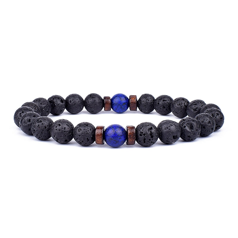 Armband aus Lavastein und Lapislazuli, schwarz-blau, elastisch, Unisex-Schmuck, Naturstein.