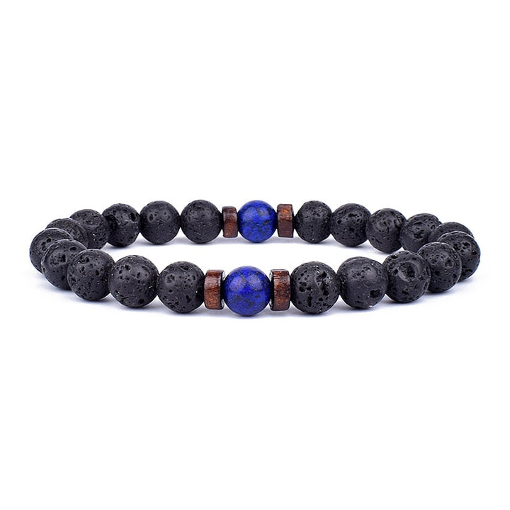 Armband aus Lavastein und Lapislazuli, schwarz-blau, elastisch, Unisex-Schmuck, Naturstein.