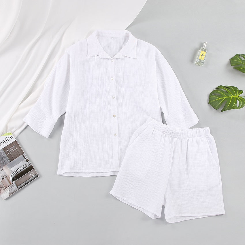 Weiße Baumwoll-Pyjama-Set für Damen, Hemd und Shorts, bequem, atmungsaktiv, Sommermode.