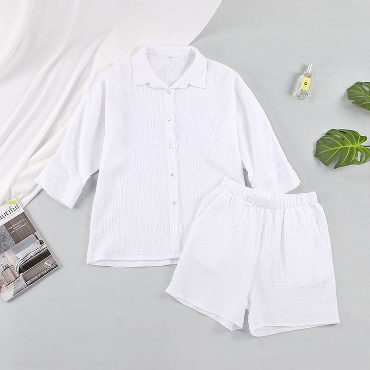 Weiße Baumwoll-Pyjama-Set für Damen, Hemd und Shorts, bequem, atmungsaktiv, Sommermode.