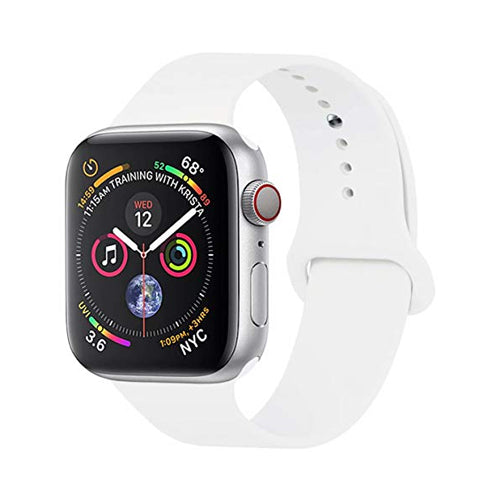 Silberne Smartwatch mit weißem Armband, Fitness-Tracker, Touchscreen, Wetteranzeige.