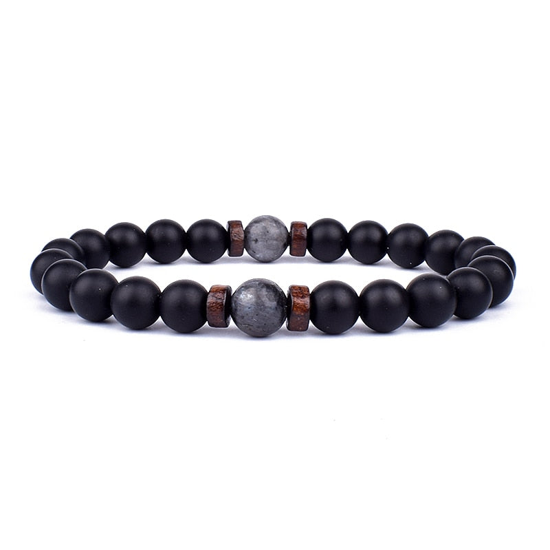 Schwarzes Perlenarmband mit grauen und Holzperlen, elastisch, Unisex-Schmuck, modisch.