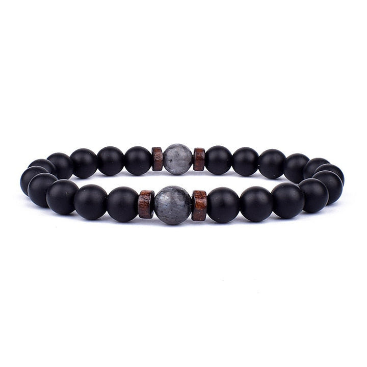 Schwarzes Perlenarmband mit grauen und Holzperlen, elastisch, Unisex-Schmuck, modisch.