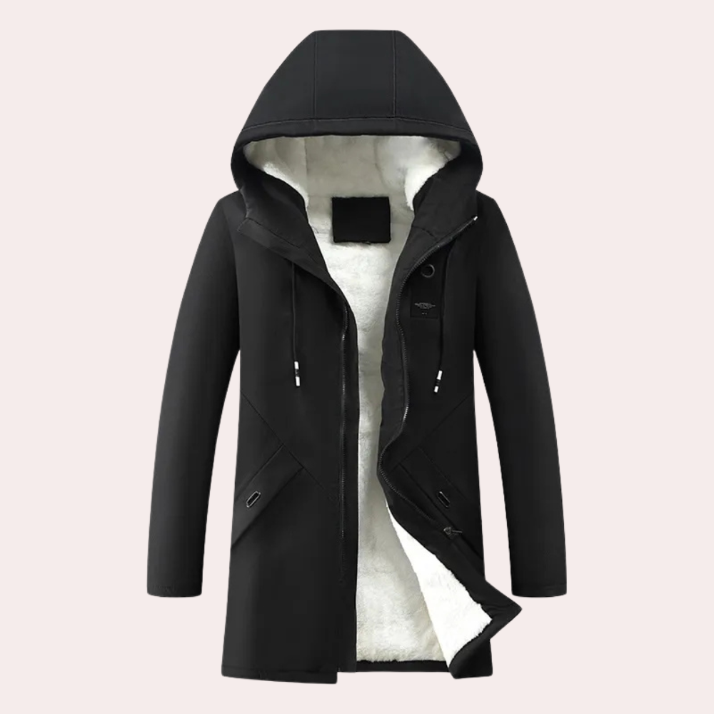 Schwarzer Wintermantel mit Kapuze, Fleece-Innenfutter, warm, modisch, Herrenbekleidung.
