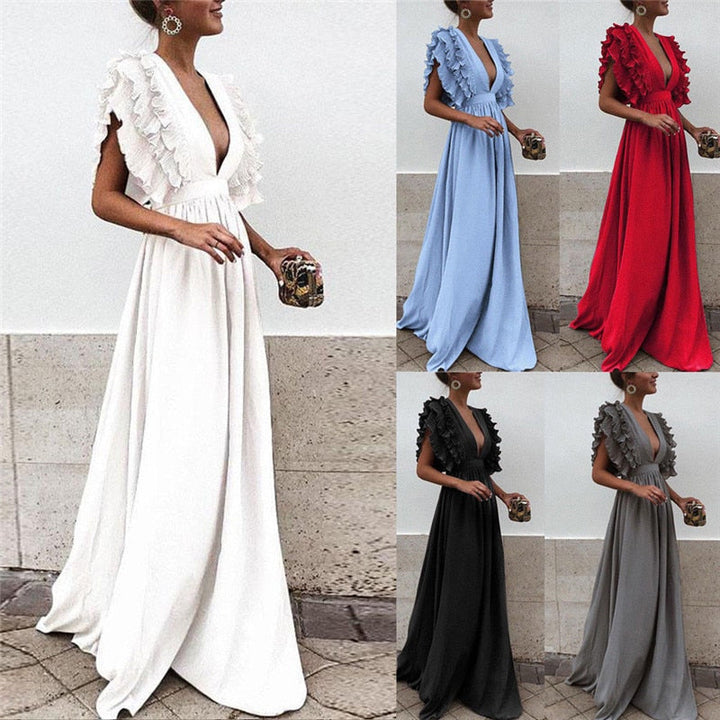 Elegantes langes Abendkleid mit Rüschenärmeln in Weiß, Blau, Rot, Schwarz und Grau.