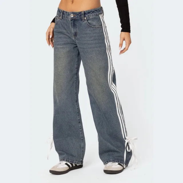 Damen Y2K Jeans, weites Bein, seitlicher Streifen, Vintage, Denim, Schnürung, Blau.