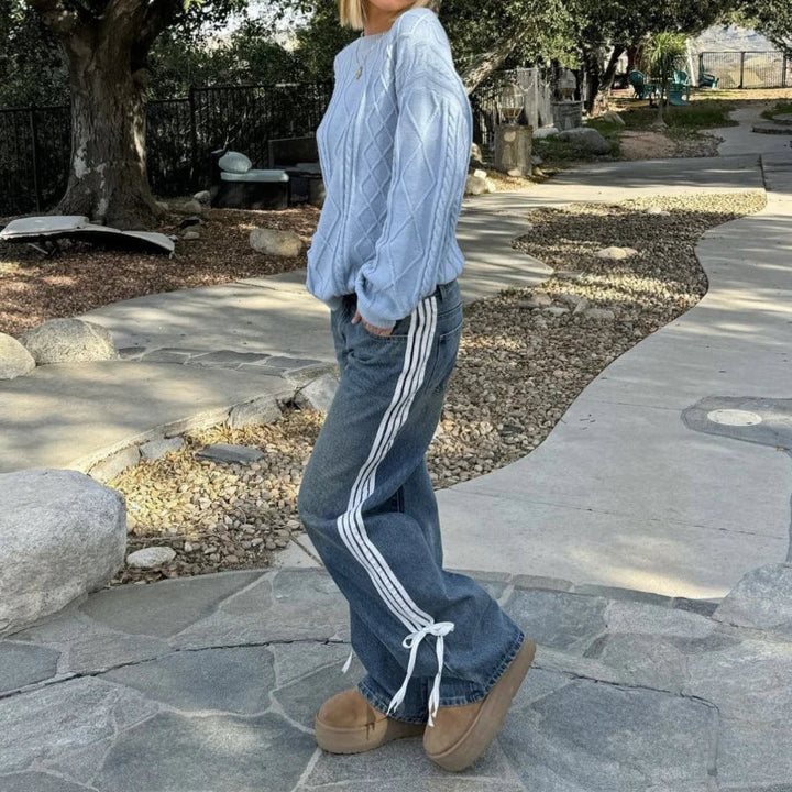 Damen Y2K Jeans mit weitem Bein, seitlichem Streifen, Schnürung, Vintage-Design, blau.