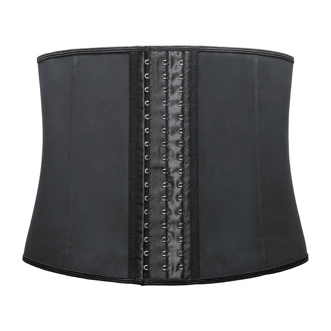 Schwarzes Latex-Taillenkorsett mit Hakenverschluss, formend, für Damenmode und Figurbetonung.