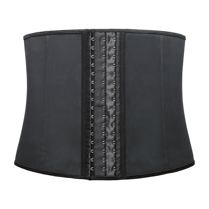 Schwarzes Latex-Taillenkorsett mit Hakenverschluss, formend, für Damenmode und Figurbetonung.