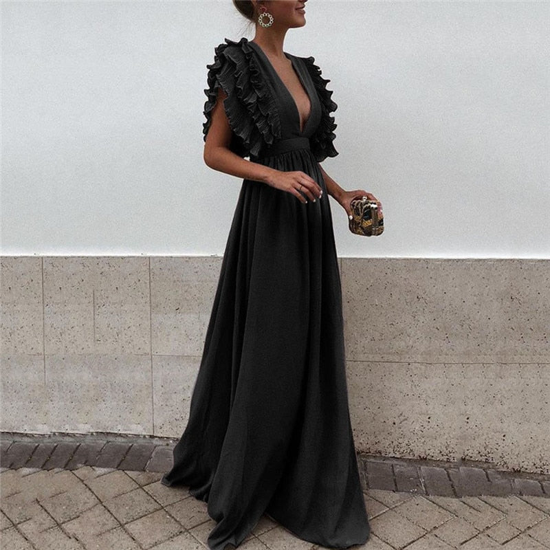 Damen Abendkleid Schwarz, tiefes Dekolleté, Rüschenärmel, elegantes Maxikleid, festlich.
