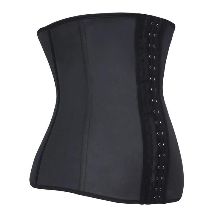 Schwarzes Taillenkorsett, Hakenverschluss, Latex, Figurformung, Damenmode, Shapewear.
