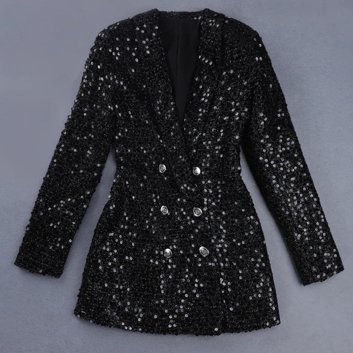 Schwarzer Pailletten-Blazer, Damenmode, eleganter Abendjacke, doppelte Knopfleiste.