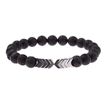 Schwarzes Lavastein-Armband mit silbernen Pfeil-Details, elastisch, Unisex-Schmuck.