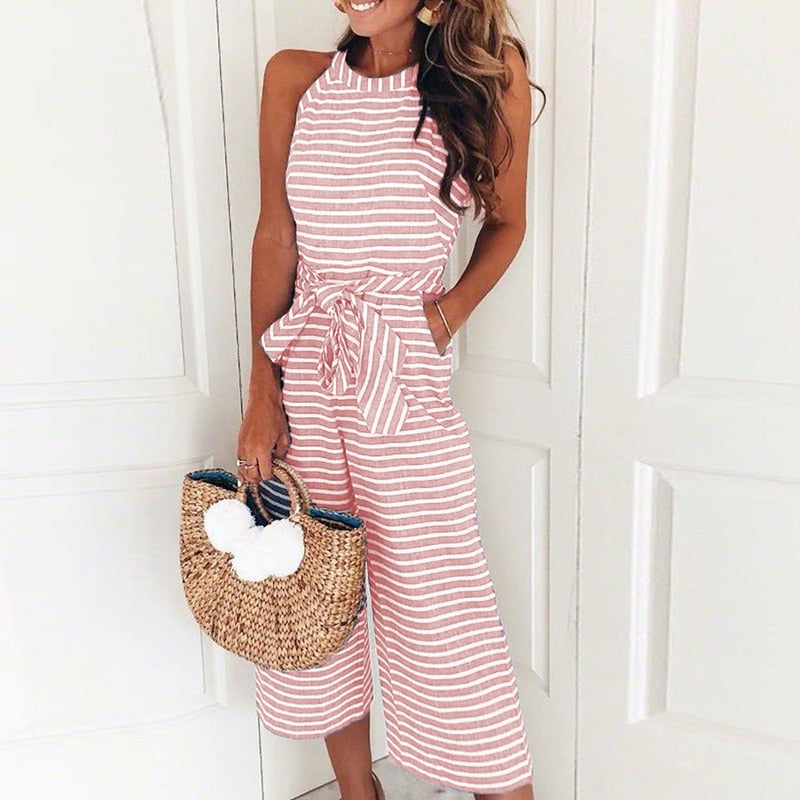 Vzdušný a stylový dámský jumpsuit s páskem a pruhy – Nayla