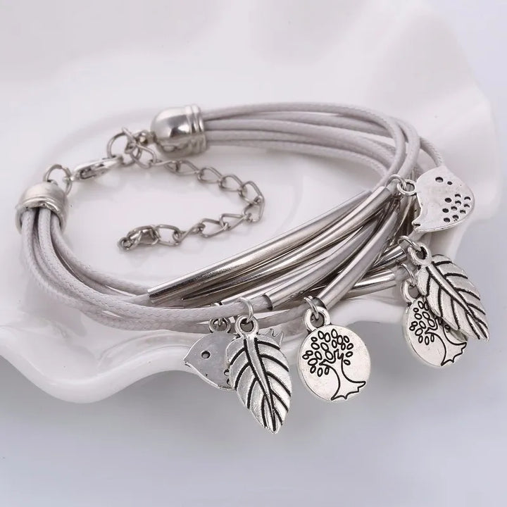 Silberarmband mit Blatt- und Baumanhängern, mehrschichtig, verstellbar, Damen-Schmuck.