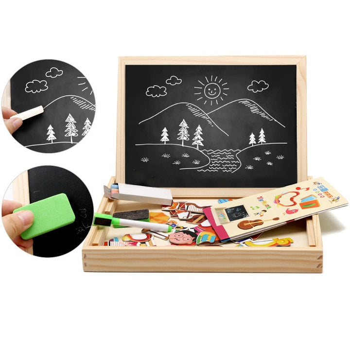 Holztafel mit Kreide, Magneten und Zubehör, ideal für Kinder zum Lernen und Spielen.