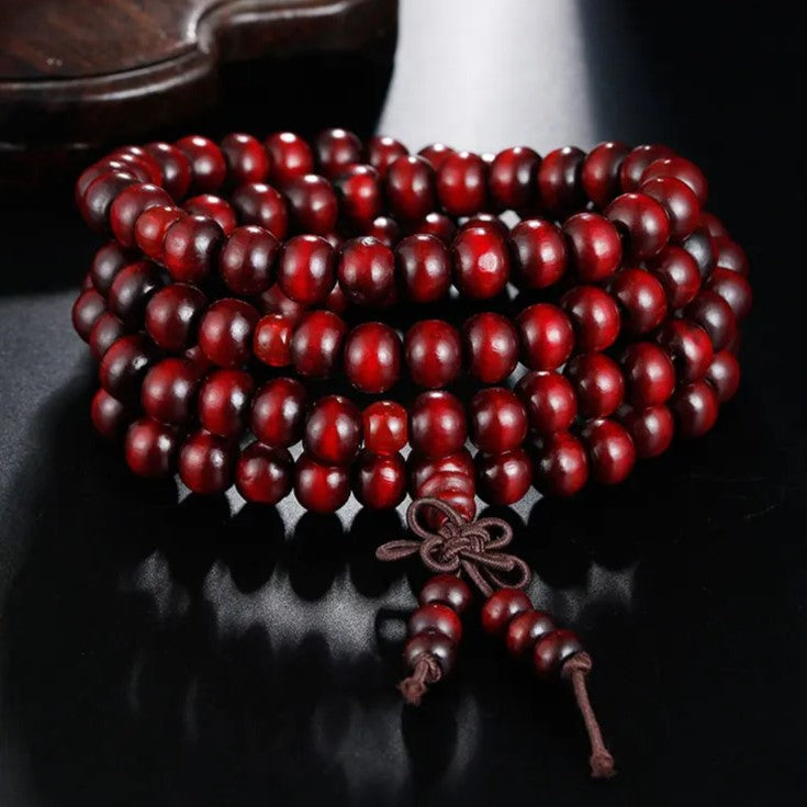 Rotes Holzperlenarmband, buddhistisch, handgefertigt, Meditation, Gebetskette, Schmuck.