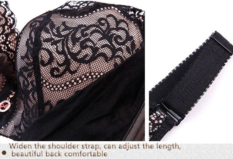 Schwarzer Spitzen-BH mit verstellbaren Trägern, komfortabel, elegantes Design.