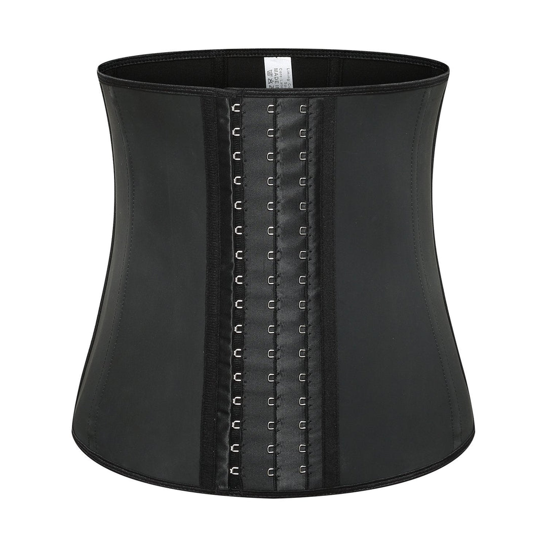 Schwarzes Latex-Taillenkorsett mit Hakenverschluss, formend, für Damenmode und Shapewear.