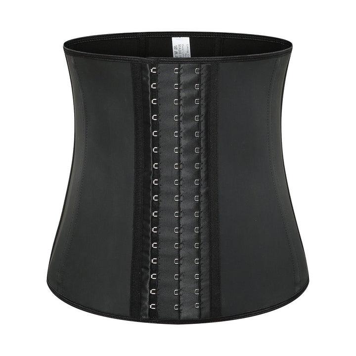 Schwarzes Latex-Taillenkorsett mit Hakenverschluss, formend, für Damenmode und Shapewear.