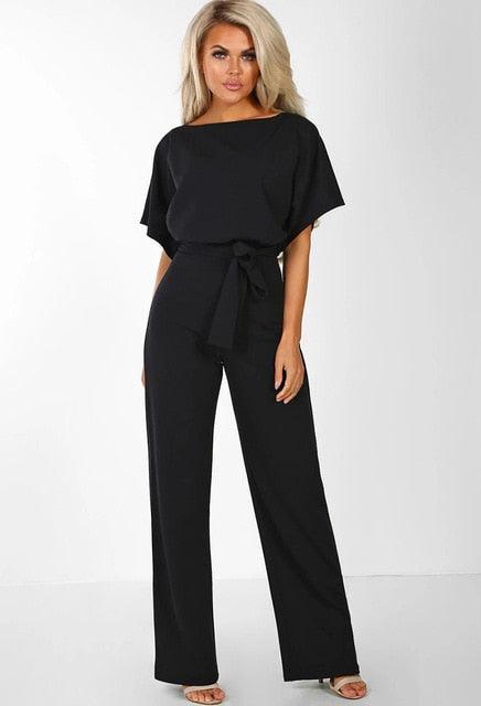 Schwarzer Damen-Jumpsuit mit Gürtel, elegantes Design, Kurzarm, Abendmode.