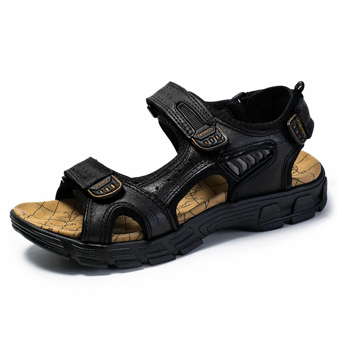 Schwarze Herren-Trekkingsandale, Leder, Klettverschluss, rutschfeste Sohle, Outdoor-Schuhe