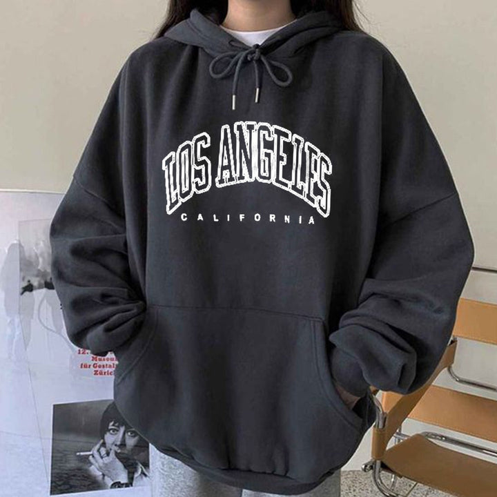 Dunkelgrauer Hoodie mit "Los Angeles California" Aufdruck, Unisex, Baumwolle, lässiger Stil.