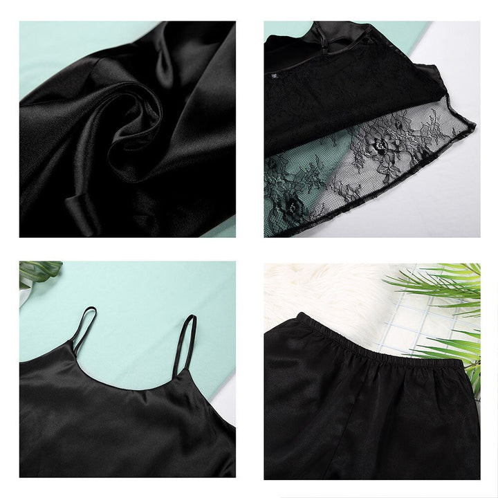 Schwarzes Satin- und Spitzen-Nachthemd-Set, Damen, elegant, Nachtwäsche, verstellbare Träger.