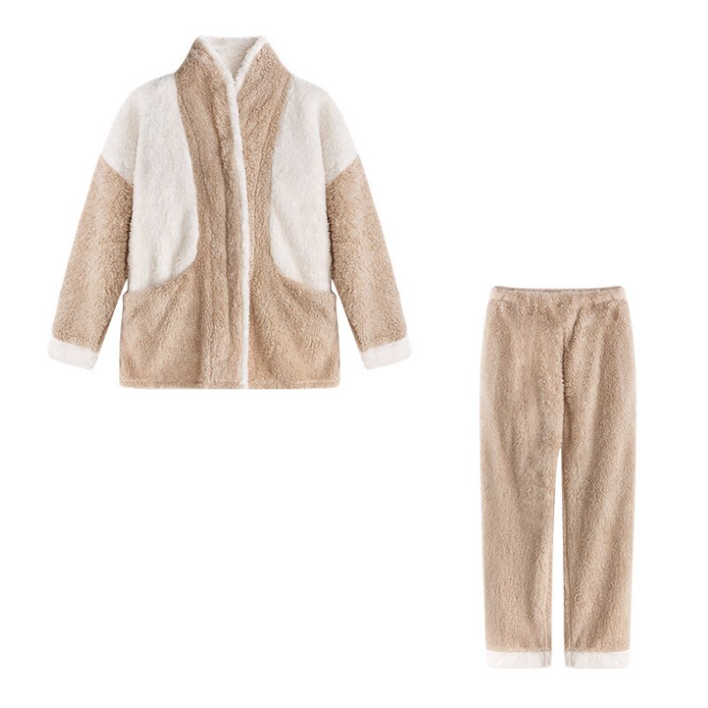 Damen Fleece Pyjama Set, beige-weiß, warm, gemütlich, Winter, zweiteilig, langärmelig, weich.