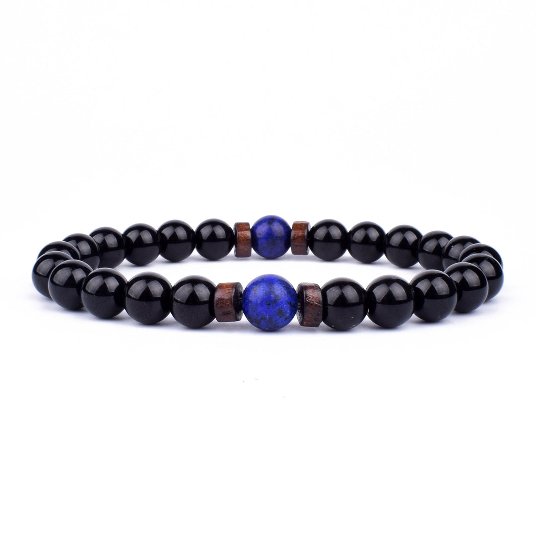 Schwarzes Onyx-Armband mit blauer Lapislazuli-Perle, elastisch, handgefertigt, Unisex-Schmuck.