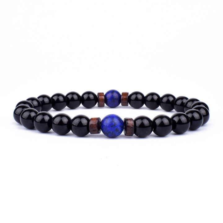 Schwarzes Onyx-Armband mit blauer Lapislazuli-Perle, elastisch, handgefertigt, Unisex-Schmuck.