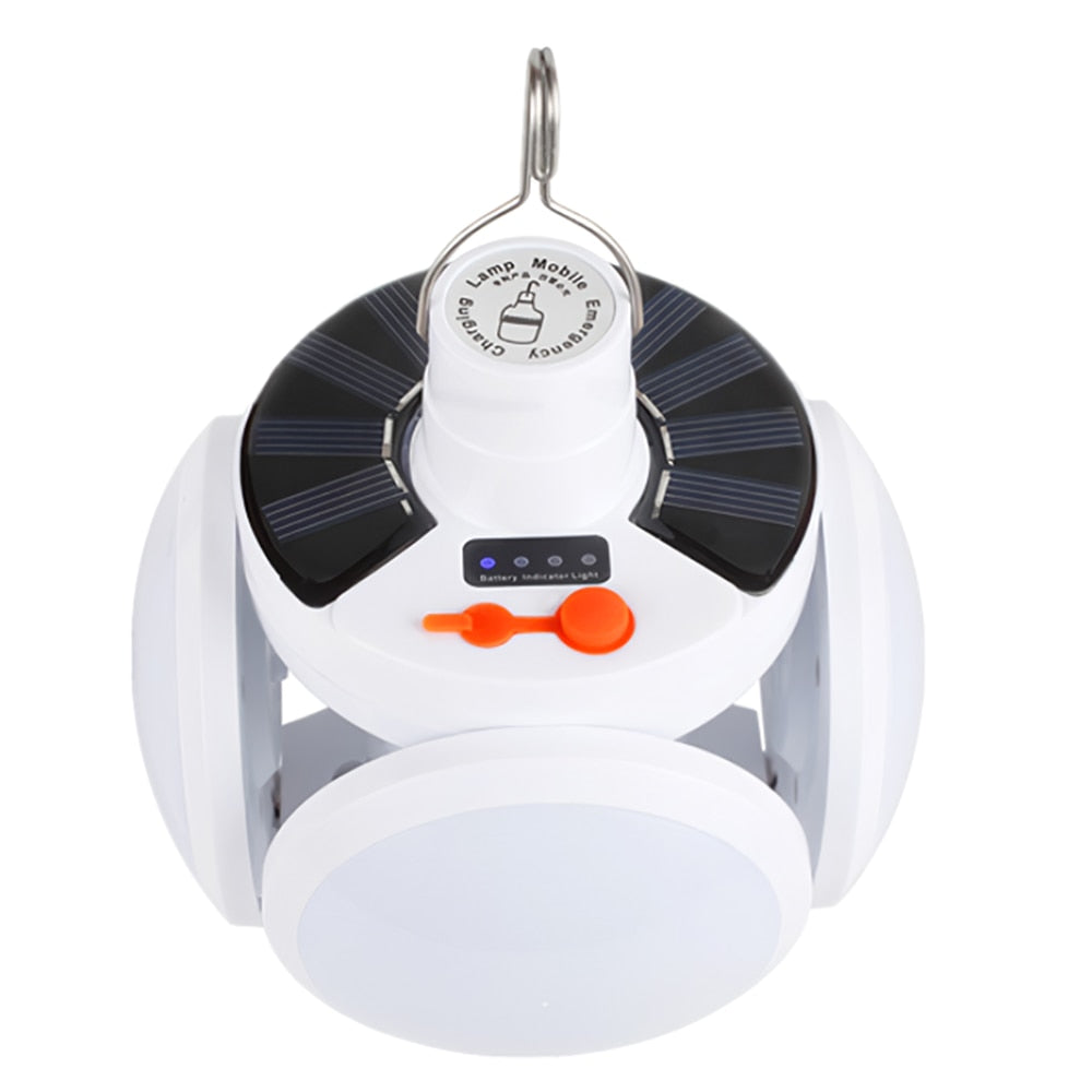 Tragbare LED-Solarlampe, weiß, mit Haken, für Camping und Notfälle.