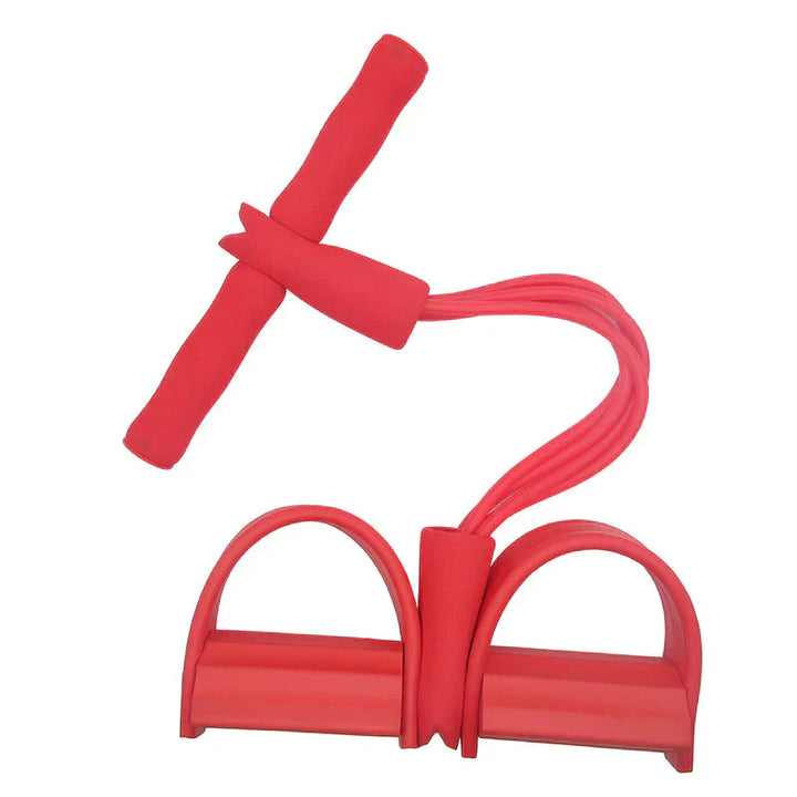 Rotes Fitness-Widerstandsband mit Pedalen, Schaumstoffgriffen, ideal für Heimtraining.