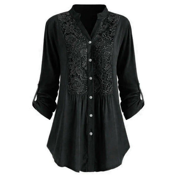 Schwarze Damenbluse mit Spitzenmuster, langen Ärmeln, Knopfleiste, elegant und modisch.