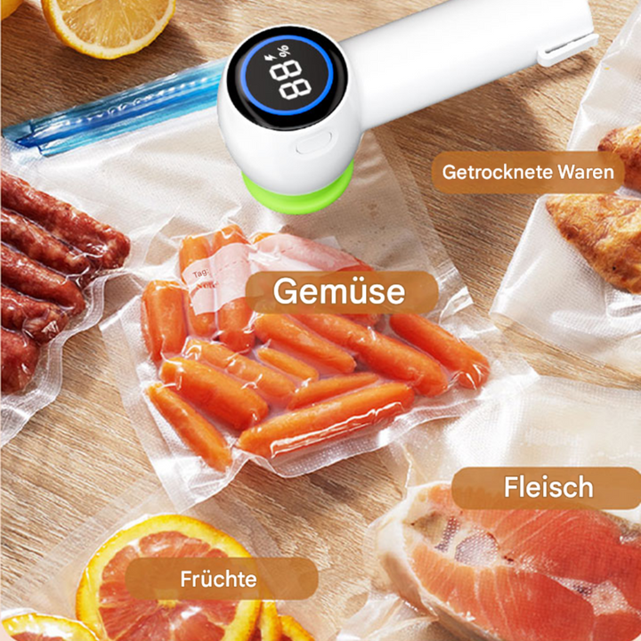 Vakuumiergerät für Lebensmittel, Gemüse, Fleisch, Frucht, getrocknete Waren, weiß, digital.