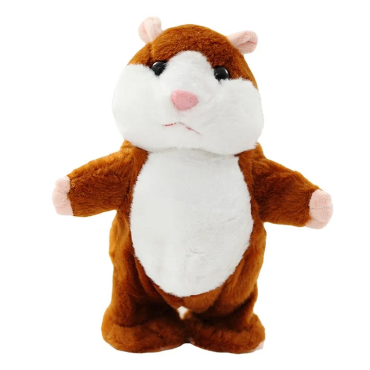 Hellbraunes Plüsch-Hamster-Spielzeug, stehend, mit weißem Bauch und rosa Ohren.