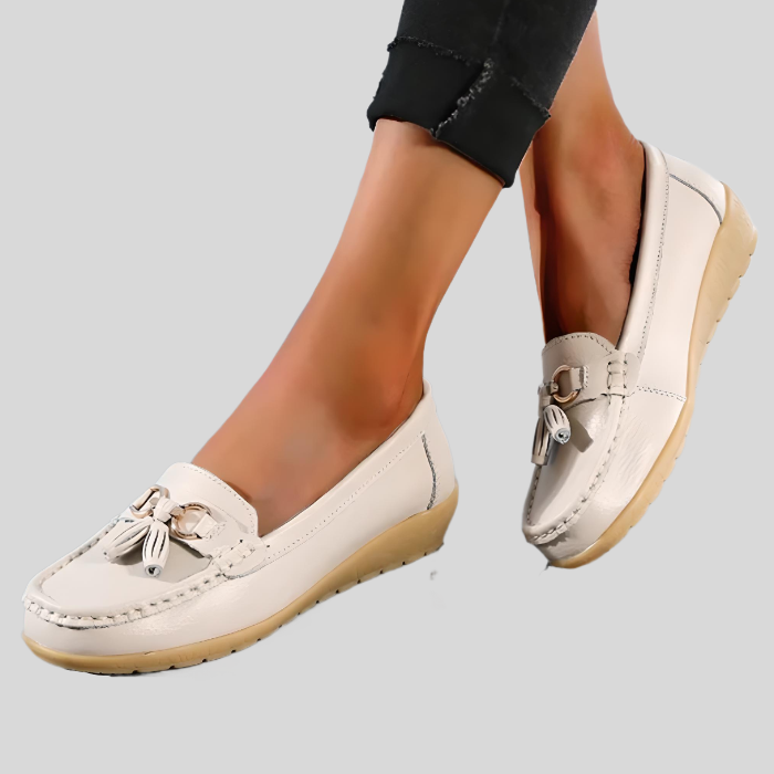 Damen Mokassins weiß Leder Quasten, bequeme Freizeitschuhe, rutschfeste Sohle