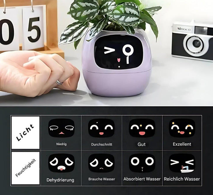 Lila interaktiver Blumentopf mit Gesicht, Pflanze, LED-Anzeige, Feuchtigkeitssensor, modern.