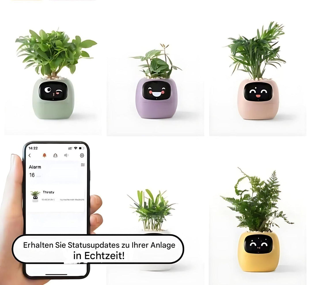 Interaktive smarte Blumentöpfe mit Pflanzen, Status-Updates, verschiedene Farben, moderne Technologie.