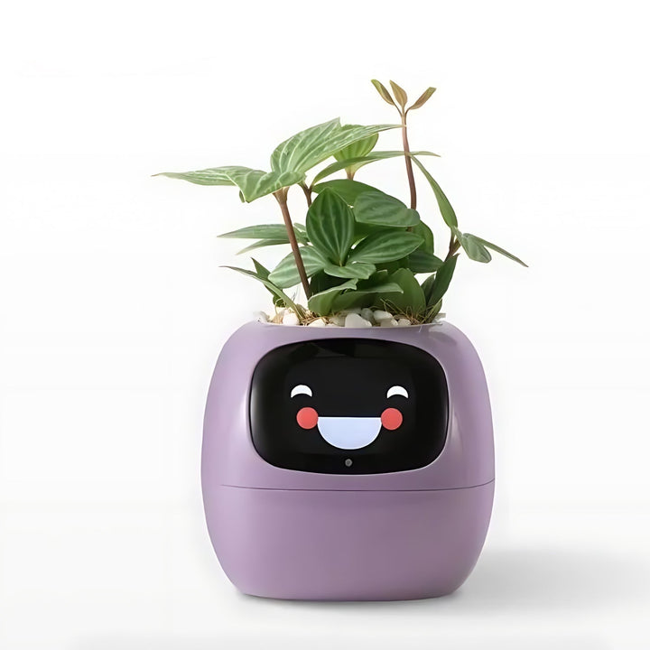 Lila interaktiver Blumentopf mit Gesicht, Zimmerpflanze, modernes Design, Smart Home Gadget.