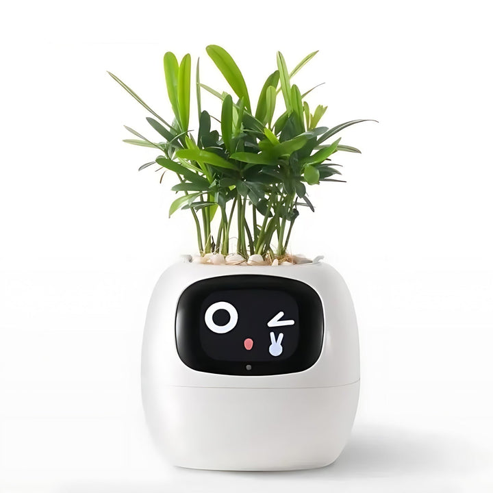 Weiße interaktive Blumentopf mit Pflanzen, Smart-Design, Gesichtsanzeige, moderne Dekoration.