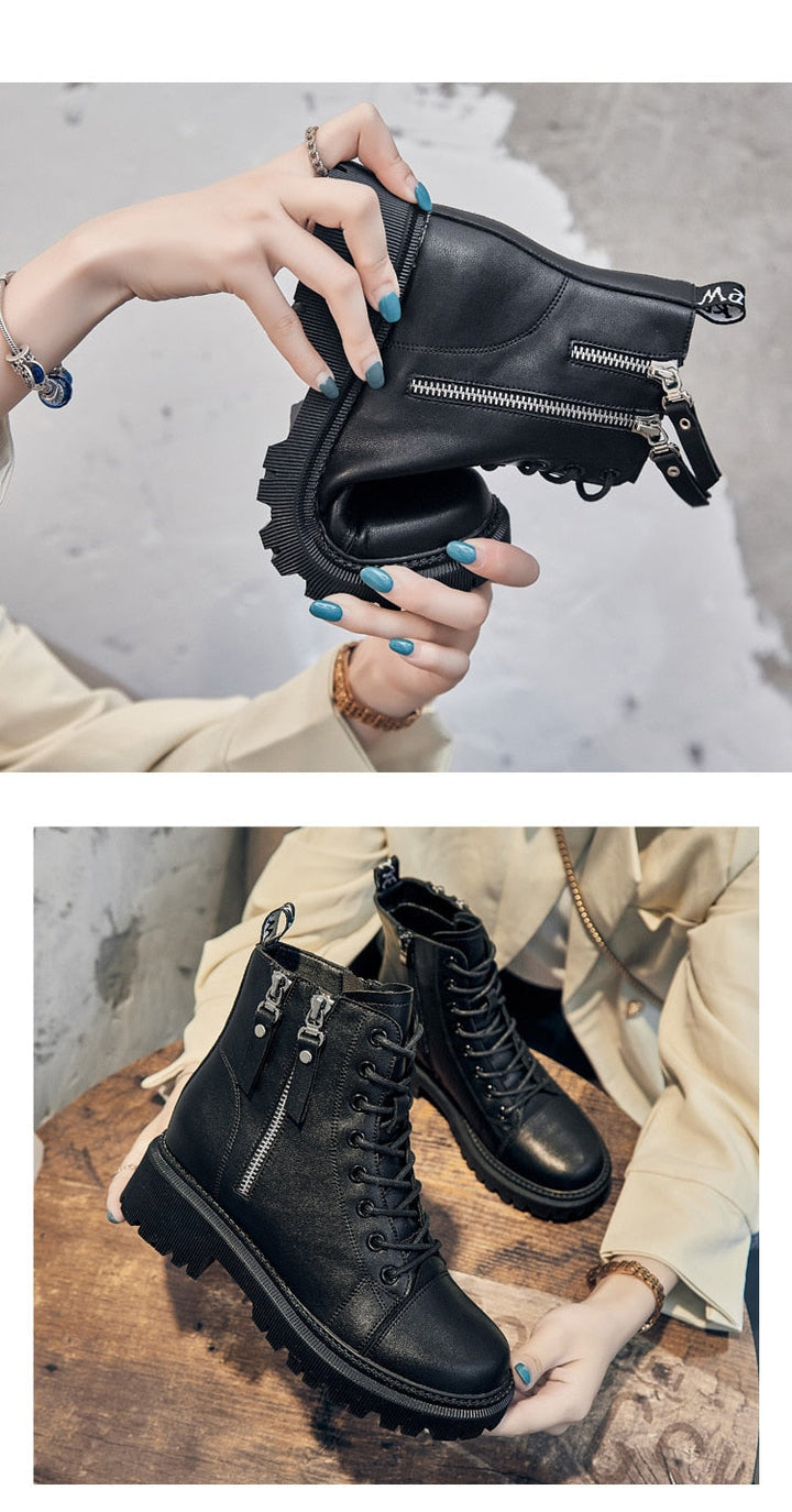 Schwarze Lederstiefel mit Reißverschluss, Damenmode, robuste Sohle, trendige Herbstschuhe.