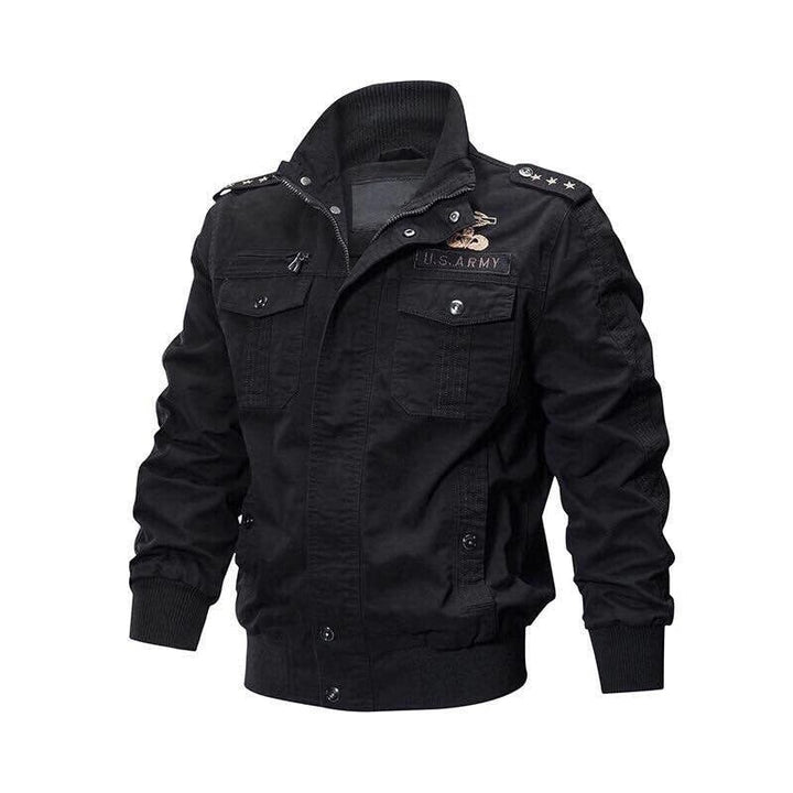 Schwarze Herren-Militärjacke, Baumwolle, US Army Stil, mit Knöpfen und Taschen.