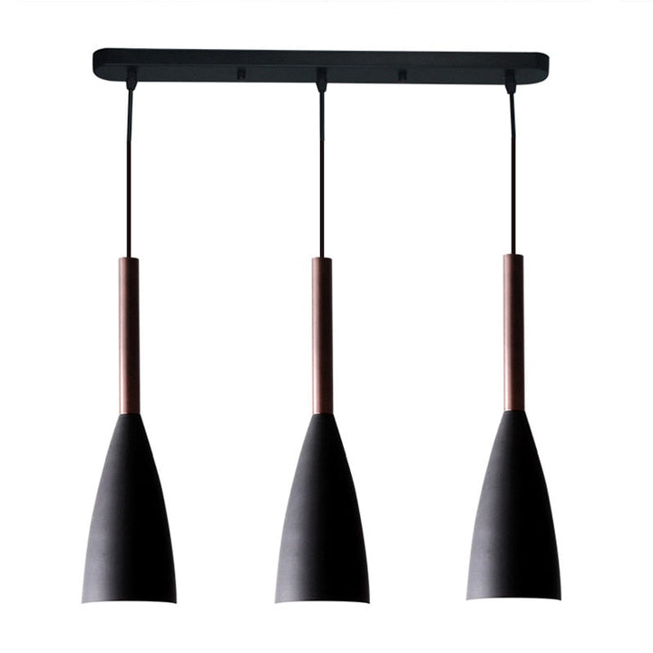 Moderne schwarze Pendelleuchte, dreiflammig, Metall, minimalistisch, für Esszimmer oder Küche.
