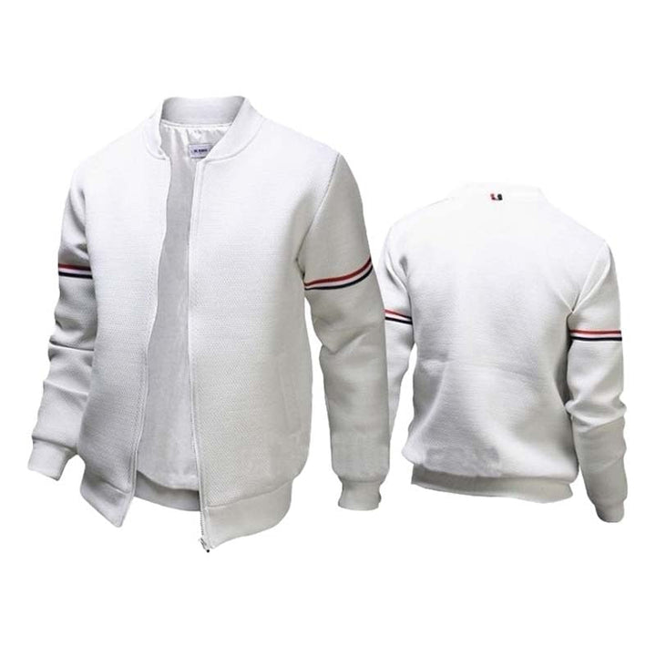 Weiße Bomberjacke Herren, Reißverschluss, gestreifte Ärmel, modisch, bequem, Baumwolle.
