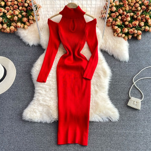 Rotes Strickkleid mit Schulterfrei-Design, elegantes Abendkleid, Damenmode, Herbstkollektion.