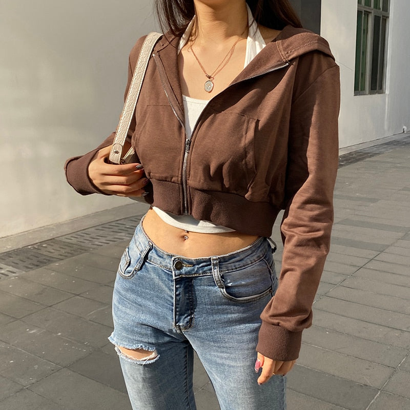 Podzimní trendová dámská cropped mikina na zip s kapucí – Alina