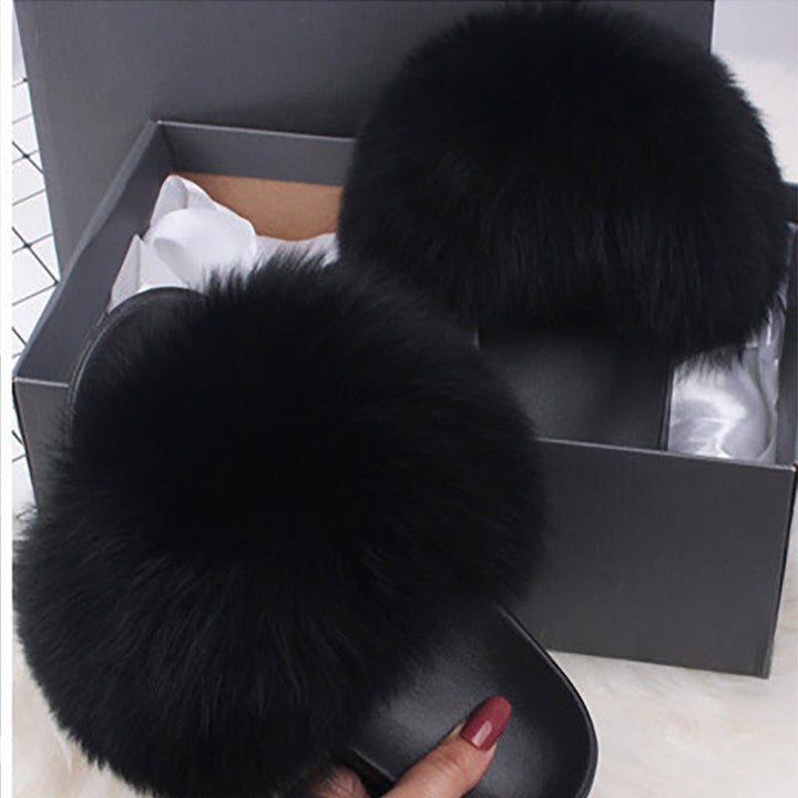 Schwarze Pelzhausschuhe Damen, flauschig, gemütlich, modisch, Geschenkbox, luxuriös.