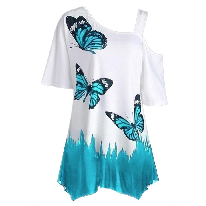 Damen-T-Shirt mit Schmetterlingsdruck, weiß-blau, asymmetrisch, Sommermode.